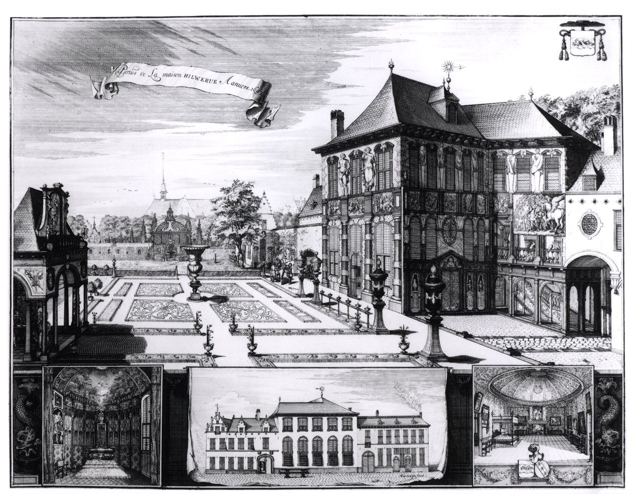 Vista da Casa Hilwerue pertencente a Peter Paul Rubens (1577-1640) 1692 (gravura) (foto bw) de English School