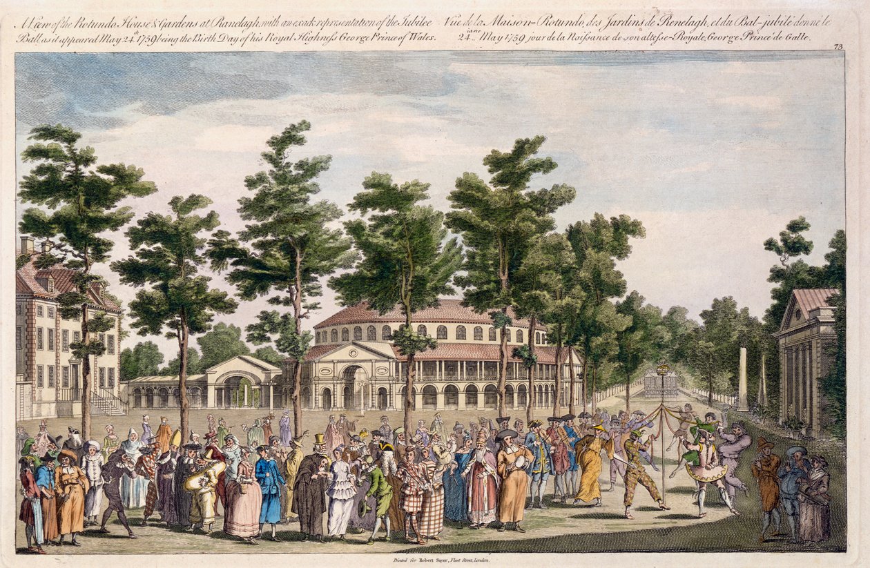 Vista do Baile do Jubileu, Jardins Ranelagh, em comemoração ao aniversário de George, Príncipe de Gales, 24 de maio de 1759 (gravura colorida à mão) de English School