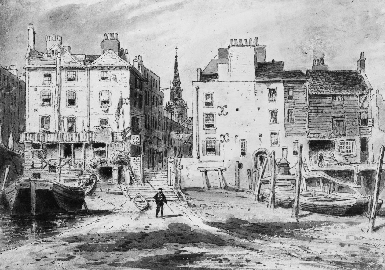 Vista da Escada Velha Hungerford, c.1815 (lápis e wc no papel) de English School