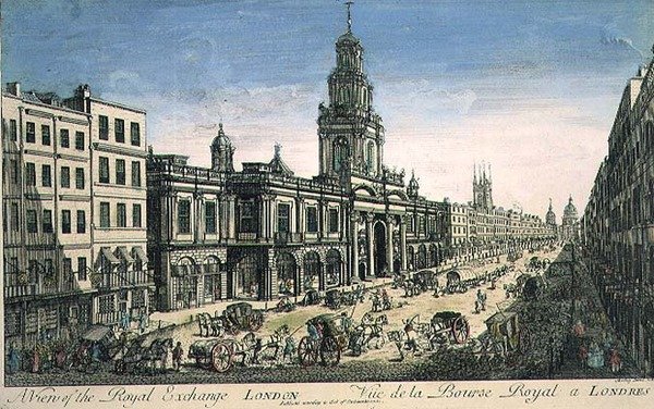 Vista da Royal Exchange, Londres, gravada por Pierre Moithey de English School