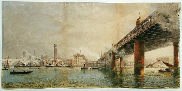 Vista do Banco Sul do Tamisa entre Waterloo e Hungerford Bridges, c.1870 (aguarela sobre papel) de English School