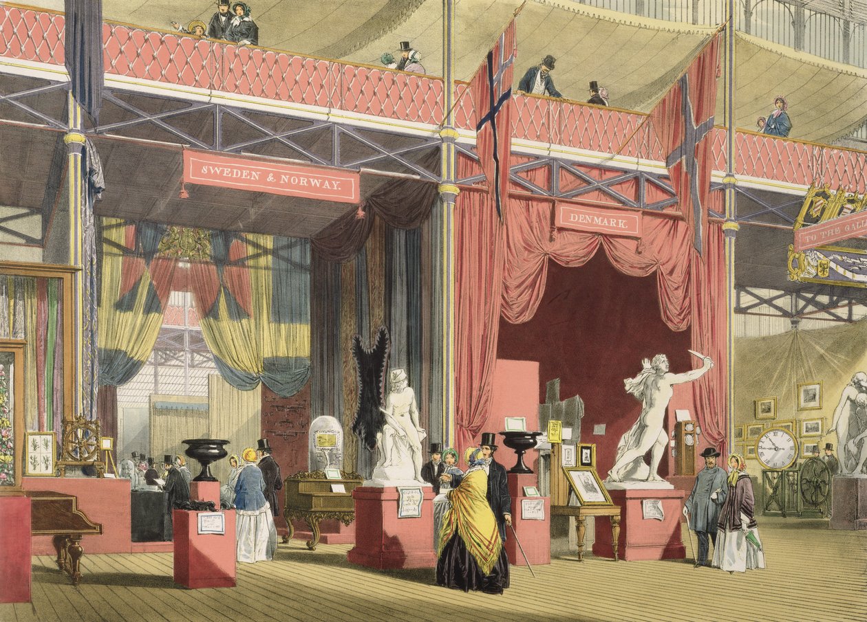 Vista das seções da Suécia, Noruega e Dinamarca da Grande Exposição de 1851, da Dickinsons Comprehensive Pictures de English School