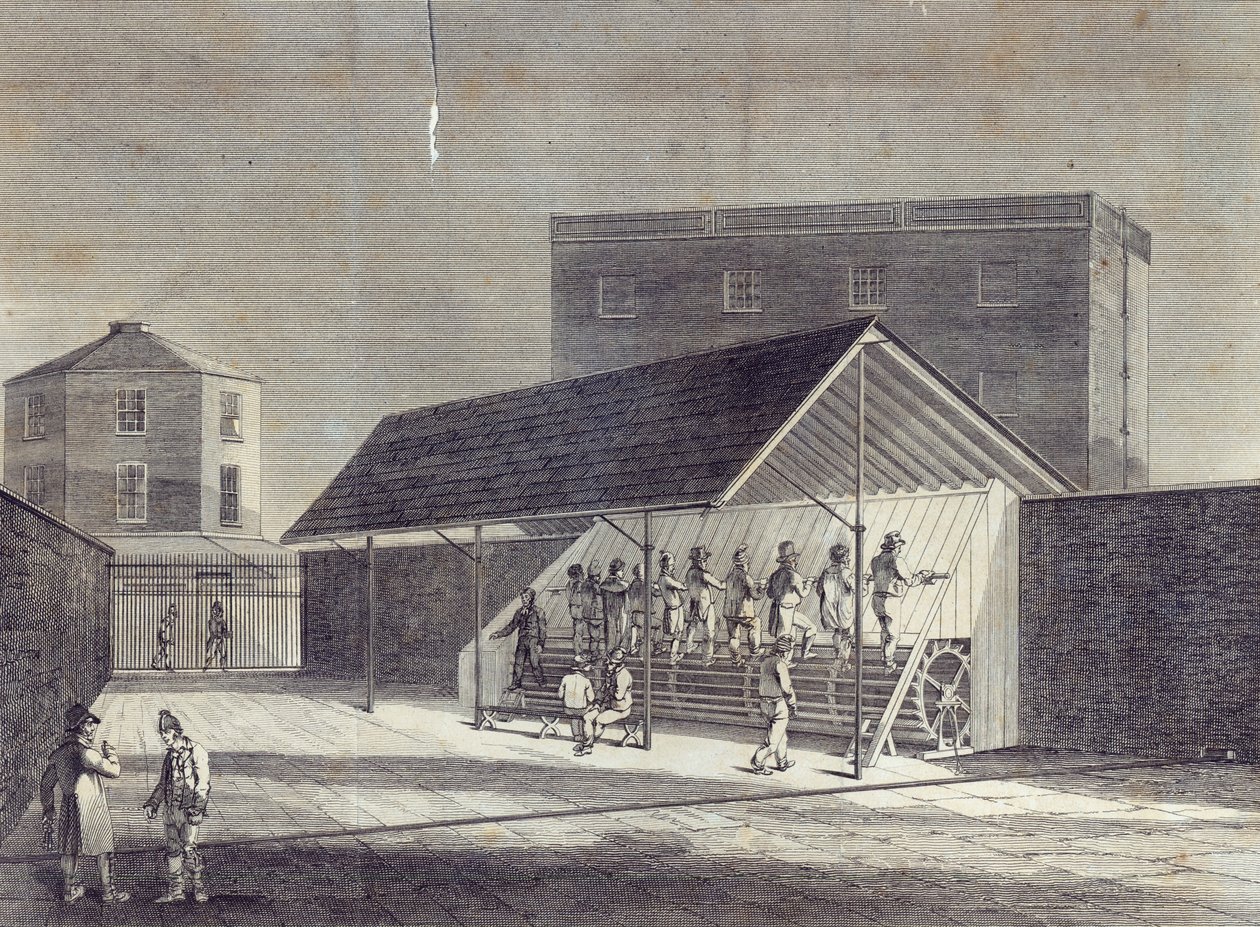 Vista da Tread Mill para o emprego de prisioneiros, erguido na Casa de Correção em Brixton, publicado por Gent. Mag., Julho de 1822 de English School