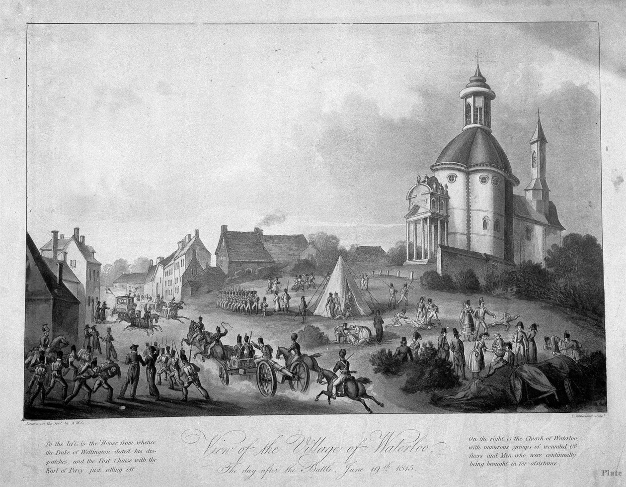 Vista da aldeia de Waterloo no dia após a batalha, 19 de junho de 1815, 1816 (aquatinta colorido) de English School