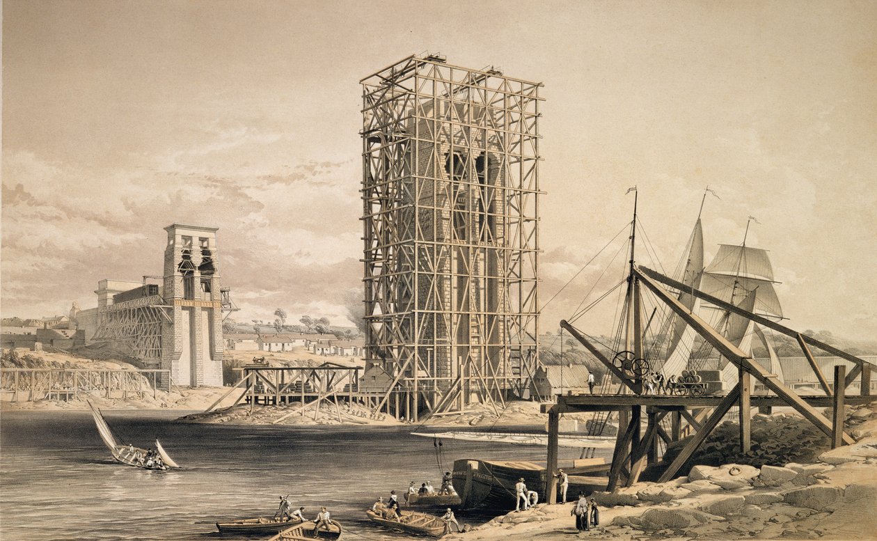 Vista da construção da Ponte Tubular Britannia de English School