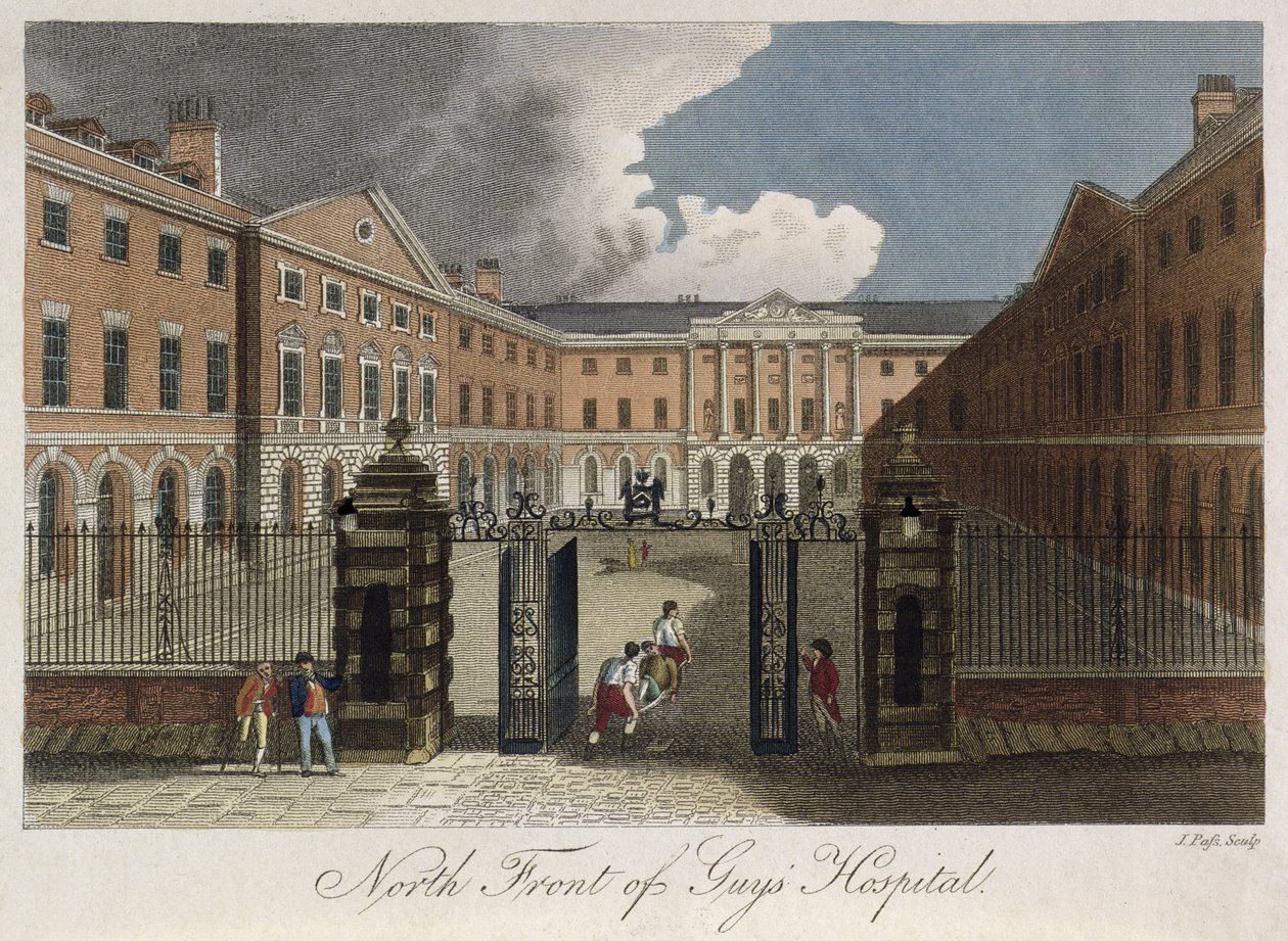Vista da frente norte do Guys Hospital, em Southwark, mostrando um homem sendo empurrado através dos portões da frente, cerca de 1800 de English School