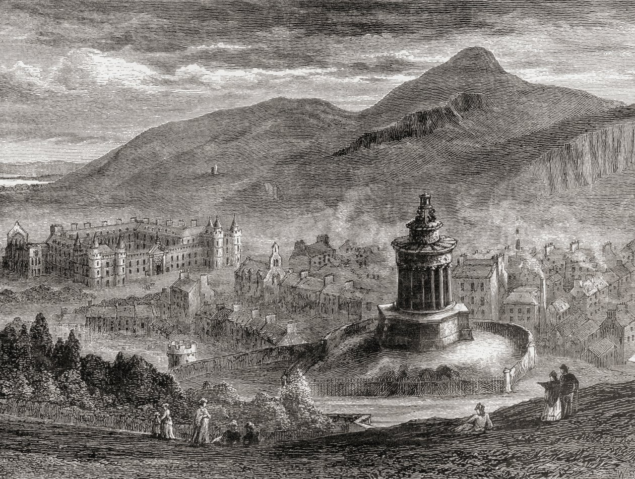 Vista sobre Edimburgo do Monumento às Queimaduras em Calton Hill, de "Fotos escocesas desenhadas com caneta e lápis", de Samuel G. Green, publicado em 1886 de English School