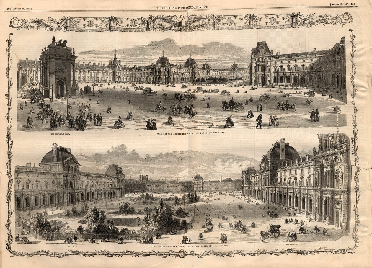 Vistas da Cour Carree du Louvre em Paris. Gravação em "The ilustr London News" de 15 de Agosto de 1857. de English School
