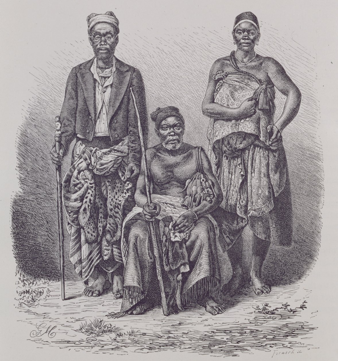 Chefe da aldeia da Costa do Loango, com esposa e dignitário, gravado a partir de uma fotografia do Dr. Falkenstein, de "The History of Mankind", Vol. 1, do Prof. Friedrich Ratzel, 1896 de English School