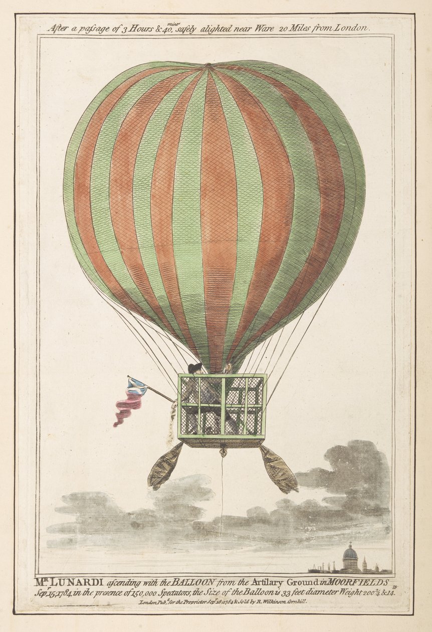 Vincent Lunardi transportado pelo ar após a sua ascensão de Moorfields, Setembro de 1784 (gravura colorida) de English School