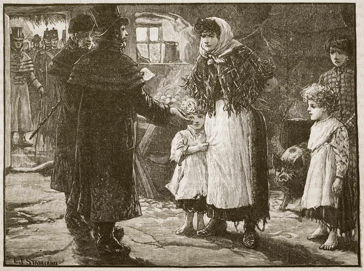Visita do dízimo Proctor, Irlanda, 1832, ilustração da história ilustrada de Cassells da Inglaterra (foto sépia) de English School