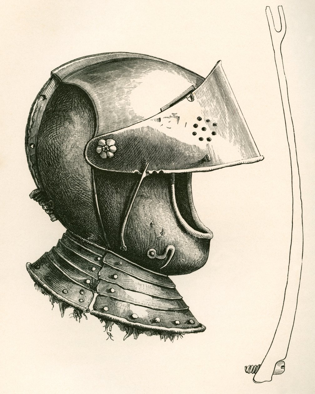 Capacete visitado datado de c.1643. A peça ao lado é o adereço da viseira, em tamanho real, utilizado para manter a viseira em ângulos diferentes de acordo com o entalhe utilizado, do Exército Britânico: As suas Origens, Progresso e Equipamento, publicado  de English School