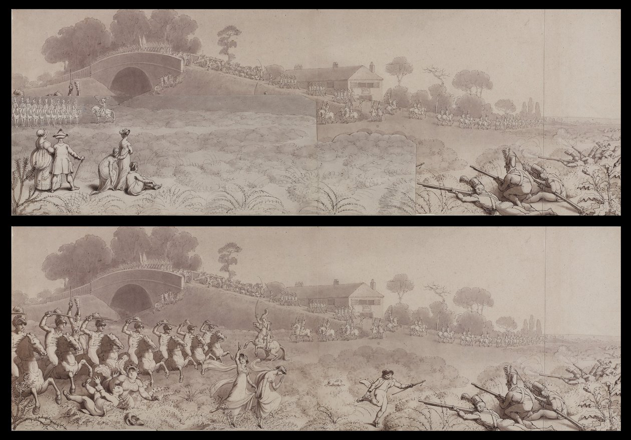 Volunteer review at Wormwood Scrubs mostrando a Taverna Mitre e a Ponte Mitre, Hammersmith, c.1800 (lavar no papel) de English School