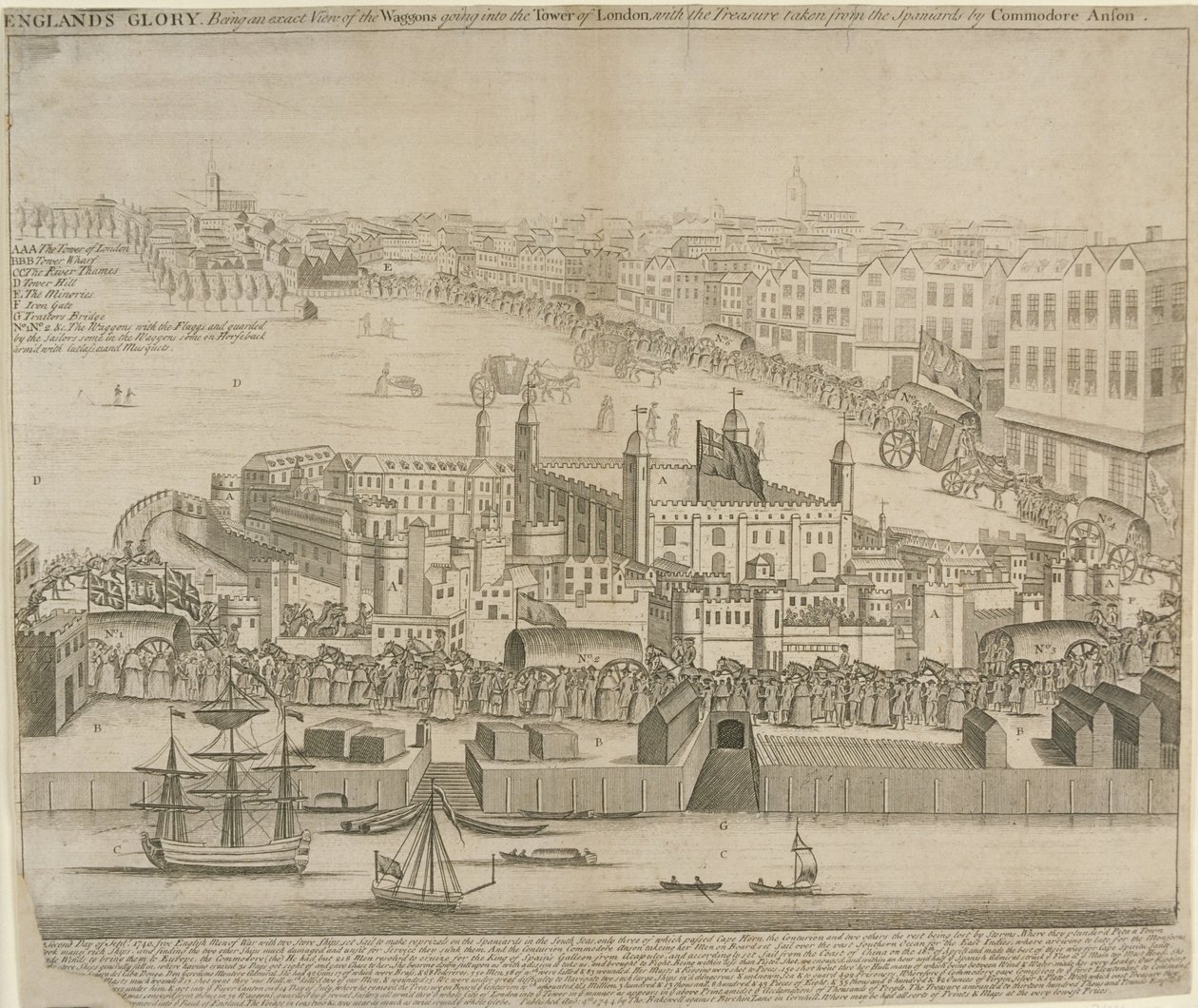 Vagões de tesouro sendo levados para a Torre de Londres, 1744 de English School