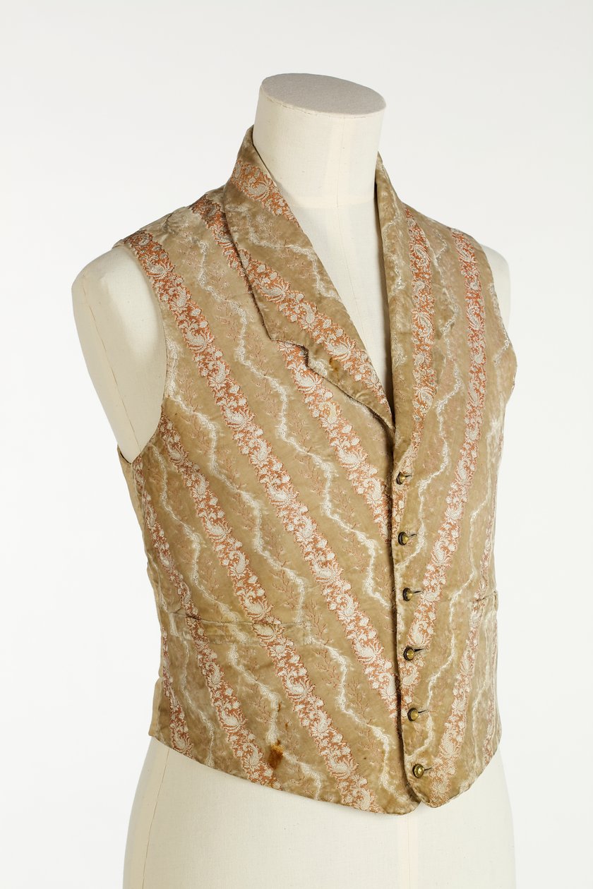Colete em creme, bege e laranja com tecido de veludo e brocado, c.1850 (seda) de English School