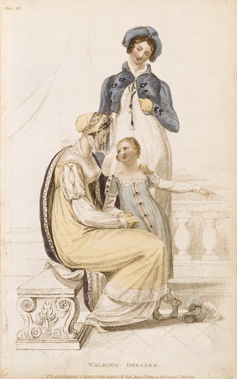 Vestidos para passeio, gravura de moda de Ackermanns Repository of Arts, pub. 1º de junho de 1809 de English School
