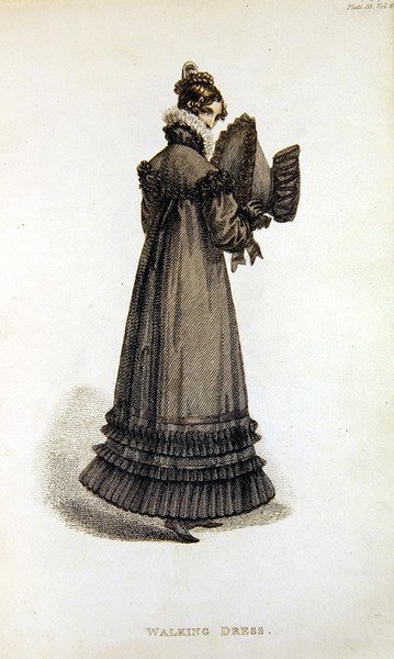 Vestido de passeio, placa de moda do Repositório de Artes da Ackermann (gravura colorida) de English School