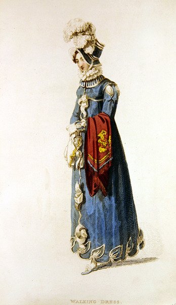 Vestido de passeio, placa de moda do Repositório de Artes da Ackermann (gravura colorida) de English School