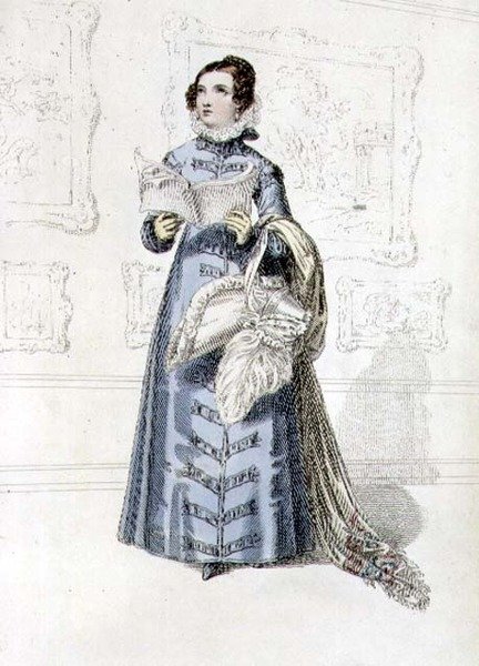 Vestido de passeio, placa de moda do Repositório de Artes da Ackermann (gravura colorida) de English School