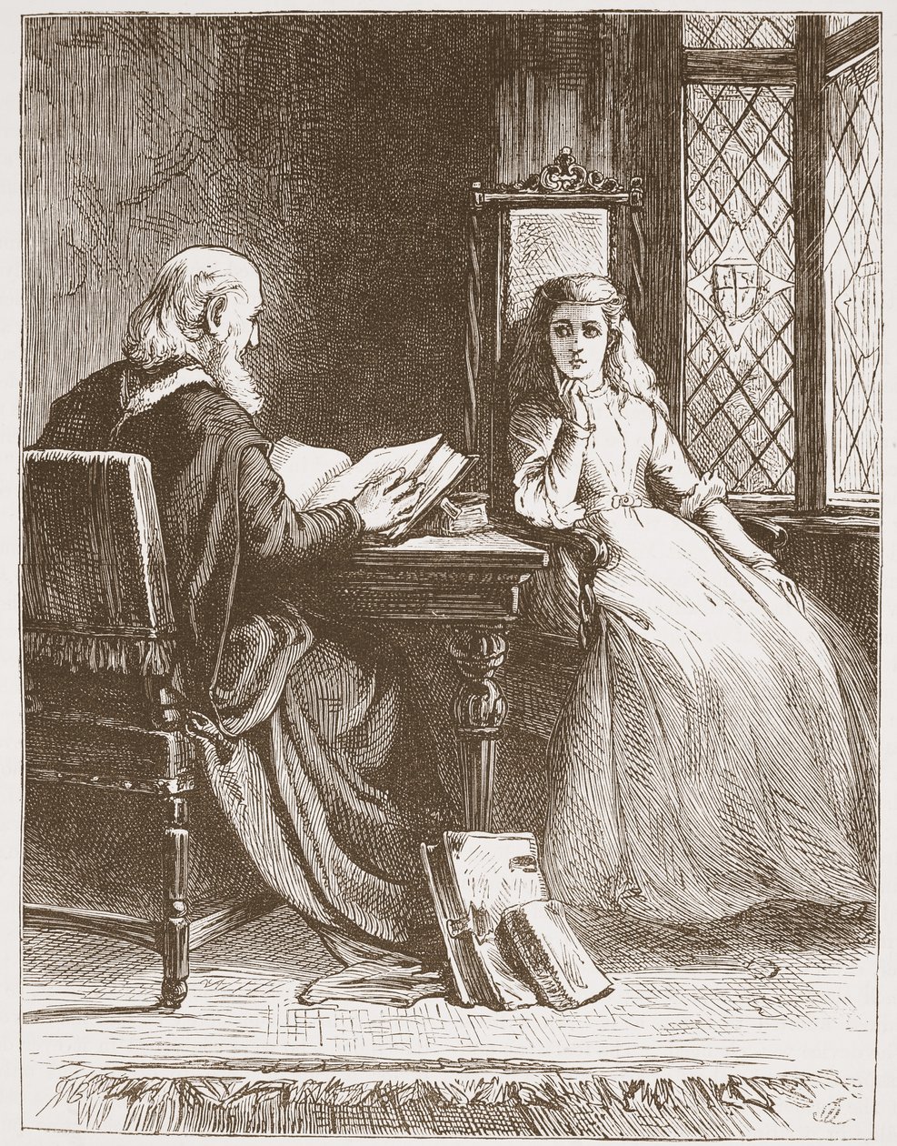 Walter Capel lendo as Escrituras para sua filha, ilustração de The History of Protestantism por James Aitken Wylie (1808-1890), pub. 1878 de English School