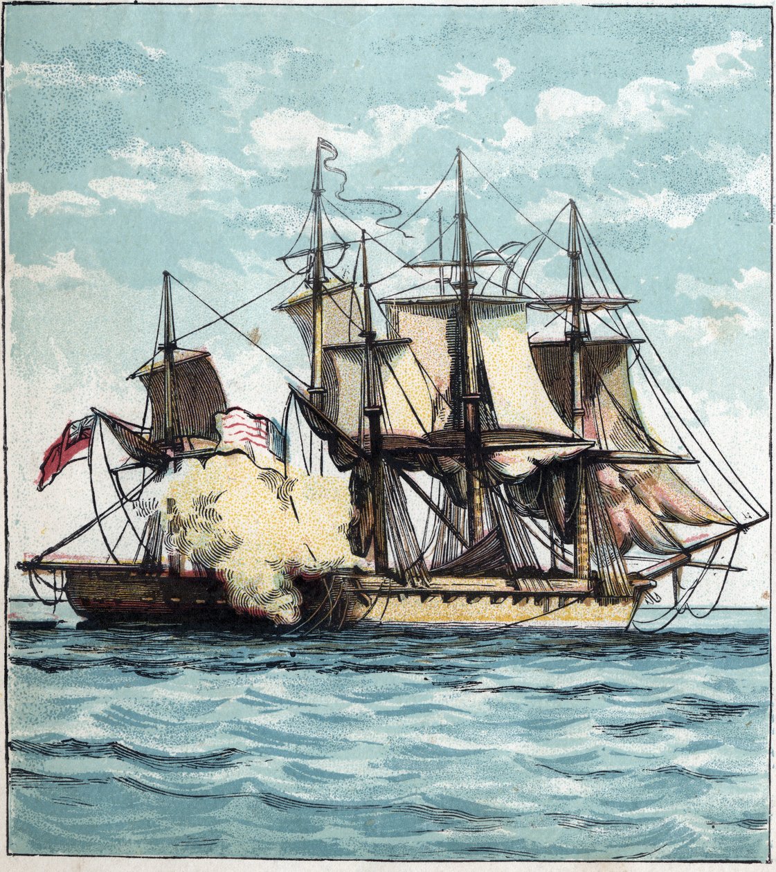 Guerra de 1812 entre os Estados Unidos e a Grã-Bretanha: o fregate de Chesapeake durante a batalha naval contra a fragata britânica "Shannon" em 01/06/1813 ao largo de Boston. "Chesapeake e Shannon". de English School