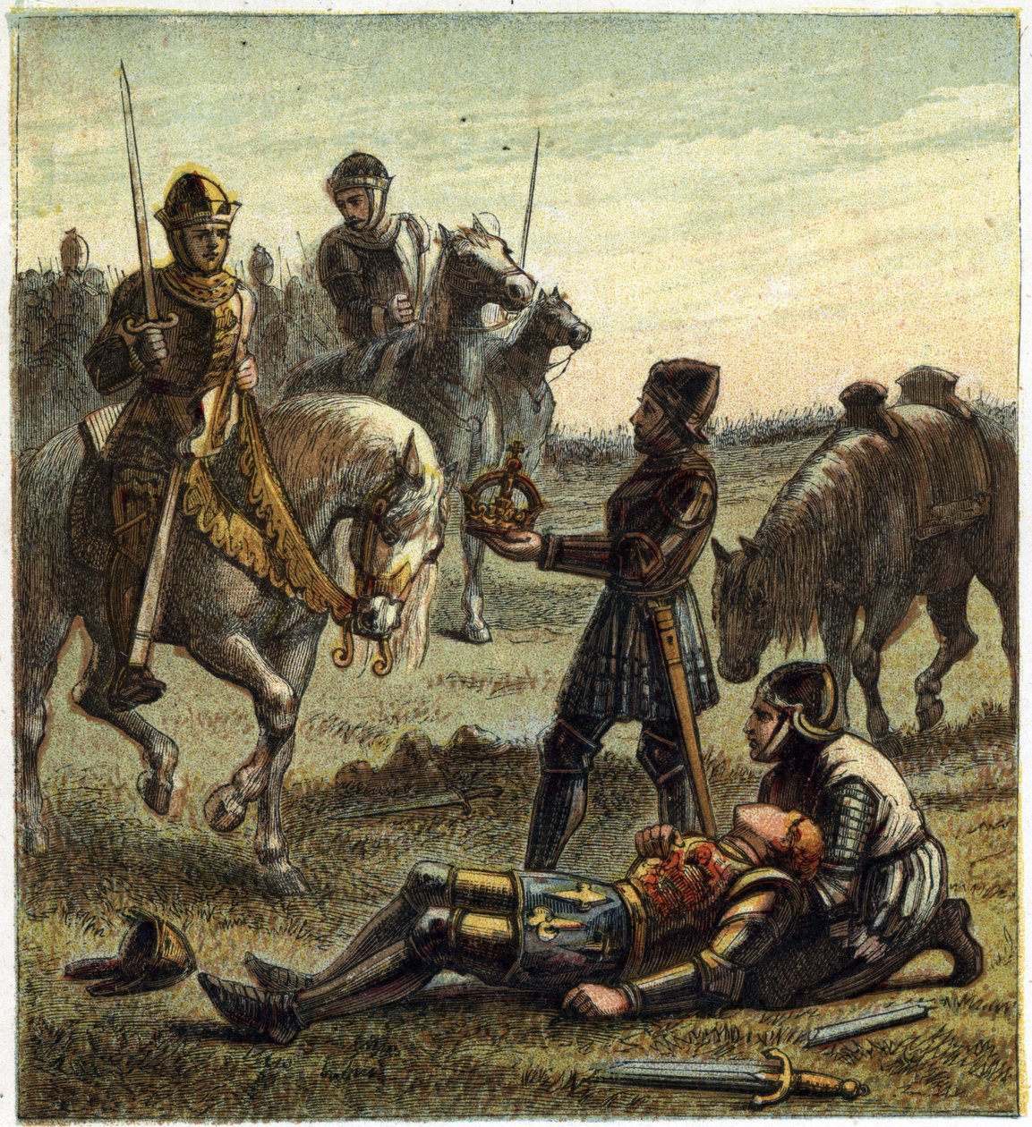 Guerra das Duas Rosas: morte do Rei Ricardo III (1452-1485) durante a Batalha de Bosworth Field, que entre os dias 22/08/1485 Ricardo III e Henrique, Duque de Richmond. Este último recebeu a coroa do rei dechu e tornou-se Henrique VII conhecido como Henriq de English School