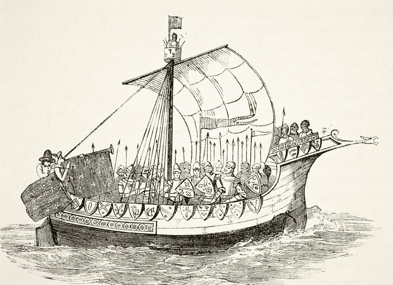 Navio de Guerra no século 15, de "A História Nacional e Nacional da Inglaterra", de William Hickman Smith Aubrey (1858-1916) publicou Londres, c.1890 de English School
