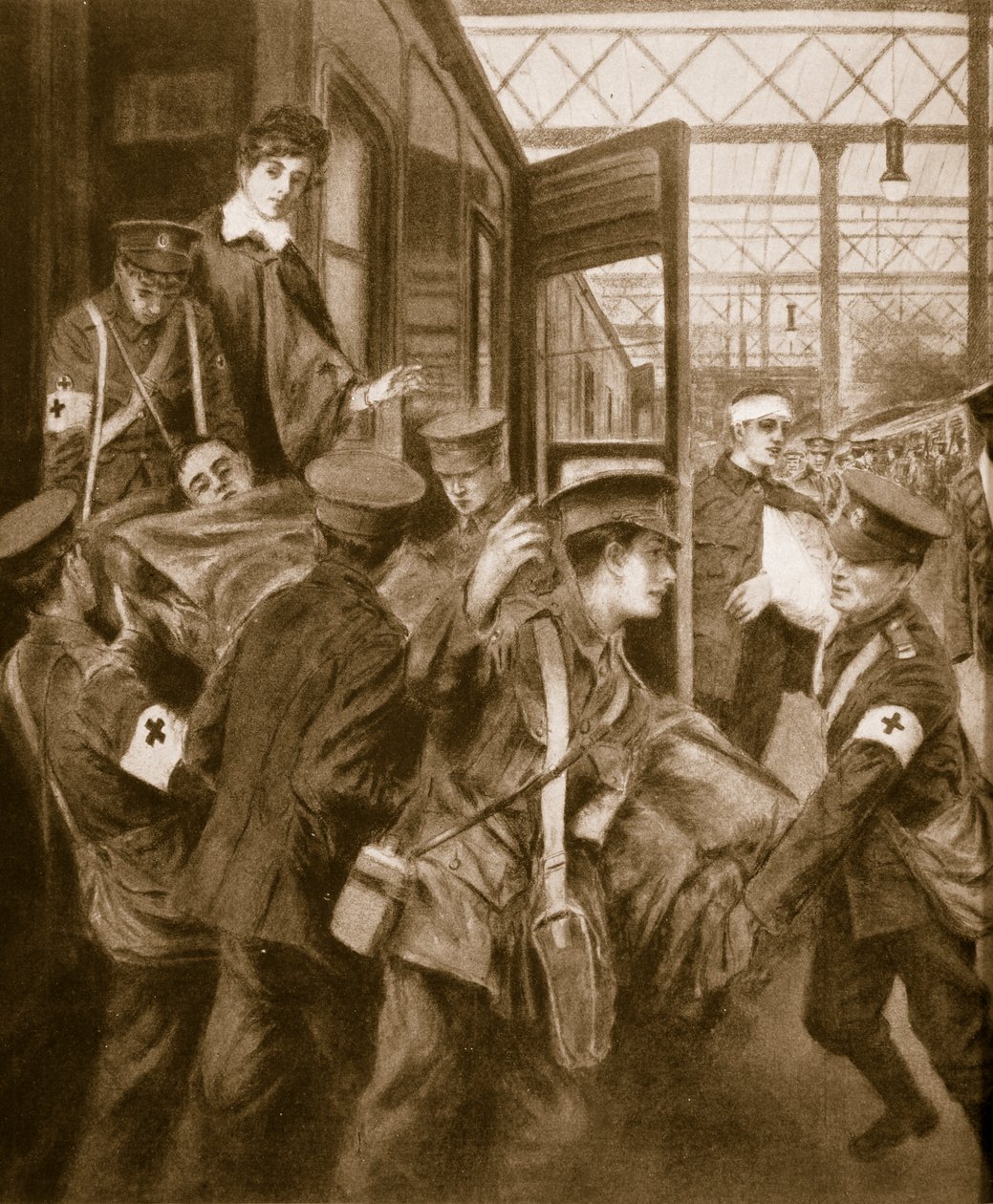 Feridos de guerra chegando a um terminal de trem de Londres, 1914-19 de English School