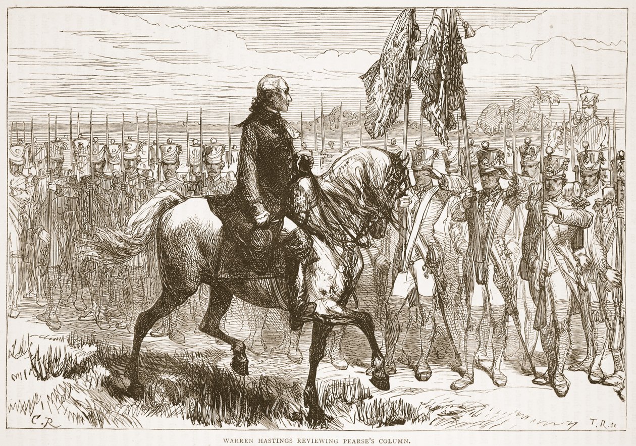 Warren Hastings que revê a coluna de Pearses, ilustração da história ilustrada de Cassells da Índia por James Grant, bar. 1879 de English School