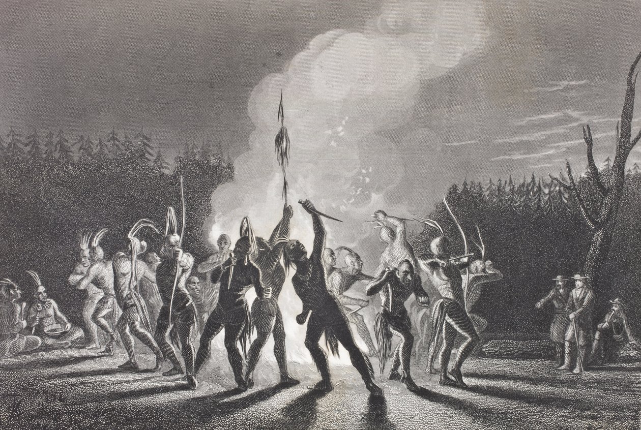 Washington e Fairfax em uma dança de guerra indiana, 1748, da "Galeria de Retratos Históricos", publicada em 1880 de English School