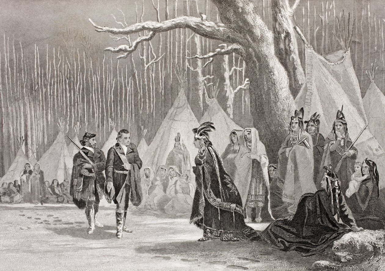 Washington e Gist visitam a rainha indiana Alliquippa, da &39;Galeria de Retratos Históricos&39;, publicada em 1880 de English School
