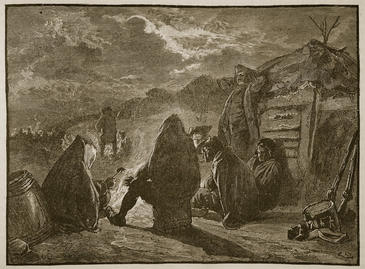 Washington pelo fogo do acampamento em Valley Forge, ilustração da história ilustrada de Cassells da Inglaterra (foto sépia) de English School