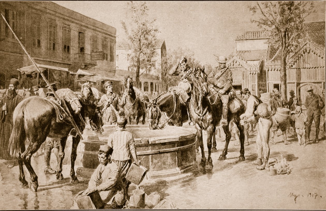 Água para homem e animal: uma cena típica em Salonica, 1914-19 de English School