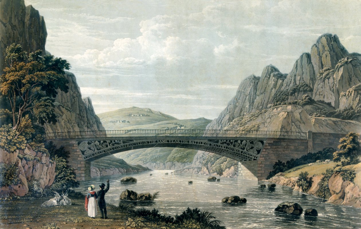 Waterloo ponte sobre o rio Conwy, país de Gales (gravura de cor) de English School