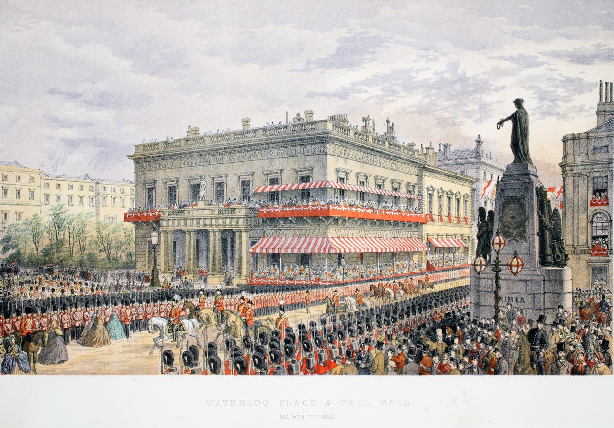 Waterloo Place e Pall Mall, de Um Memorial do Casamento de Eduardo VII e Alexandra da Dinamarca, pub. 1864 de English School