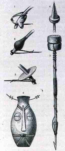 Armas, amuleto e arpão de Manyema, de A História da Humanidade, Vol.III, do Prof. Friedrich Ratzel, 1898 de English School