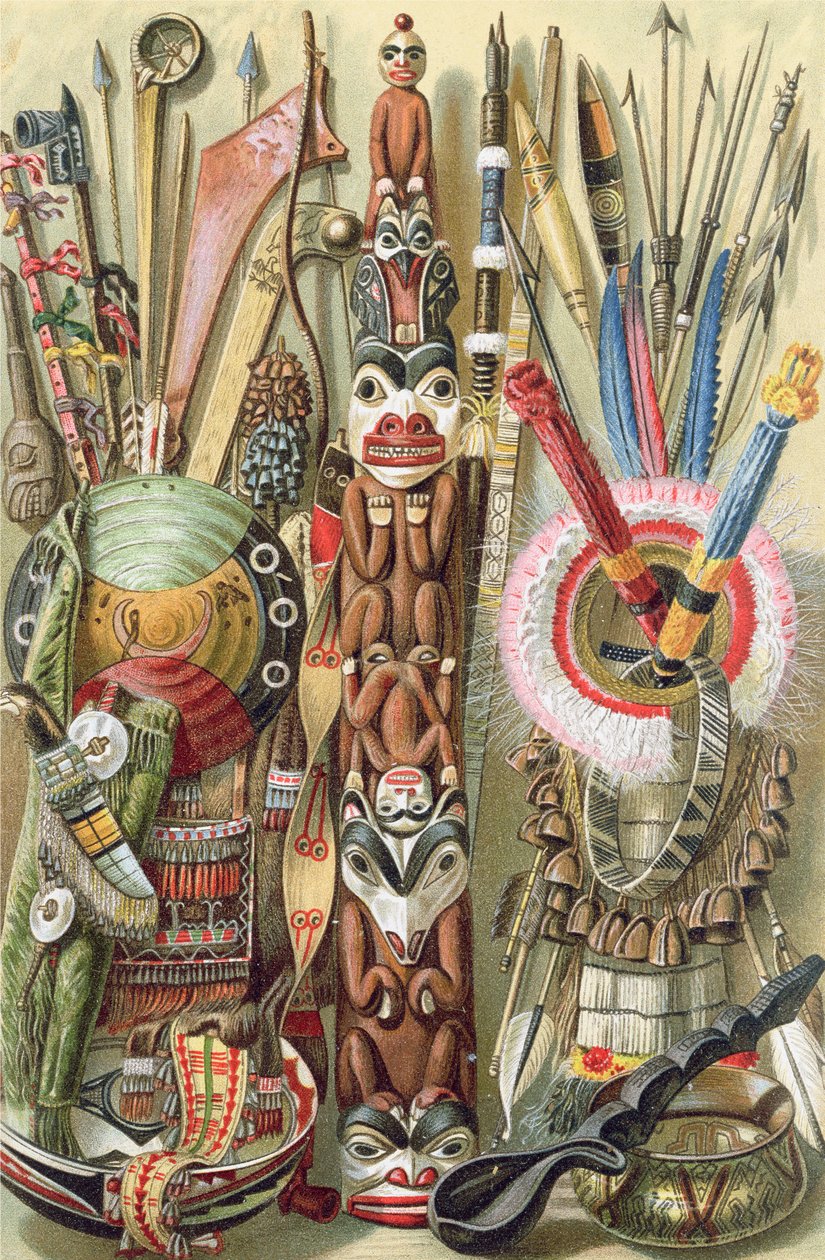 Armas, utensílios e ornamentos de índios americanos, de &39;The History of Mankind&39;, Vol. 1, do Prof. Friedrich Ratzel, 1896 de English School