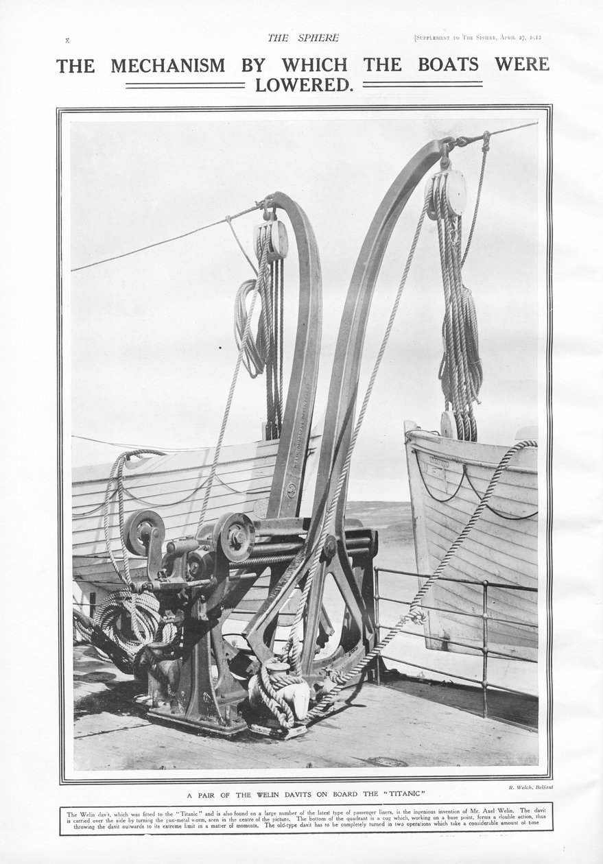 Os turcos Welin, o mecanismo pelo qual os barcos foram rebaixados, de The Sphere, 27 de abril de 1912 de English School