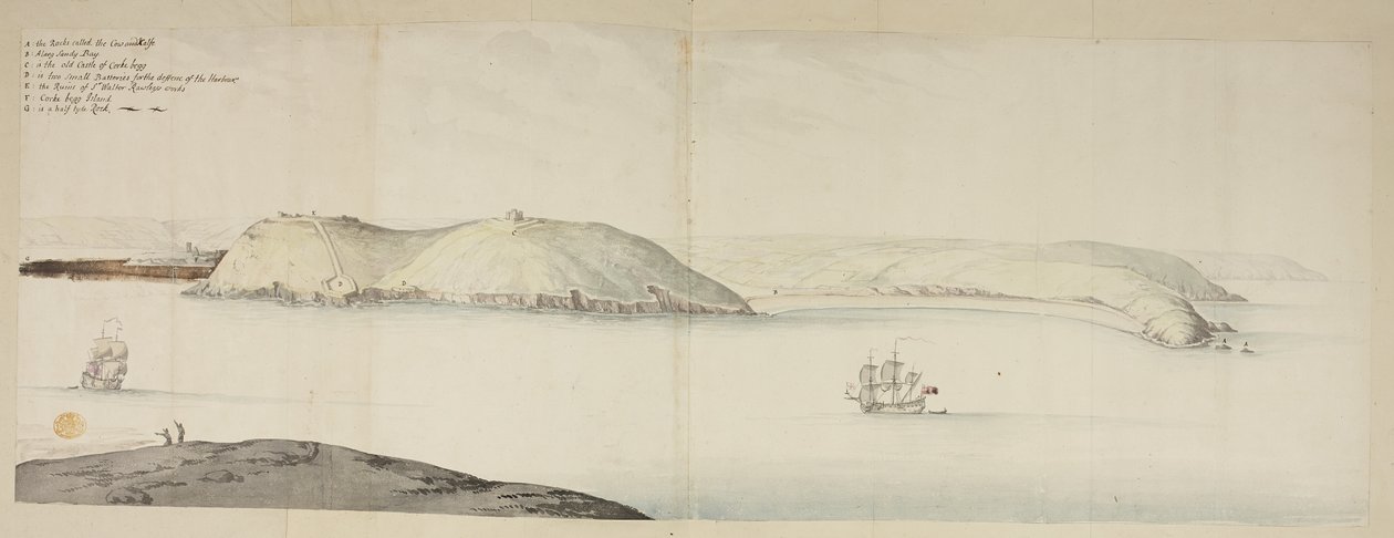 Entrada Oeste do Porto de Cork, desde o Kidds, ou Vaca e Bezerro, até Cross Beg Island; West Entrance of Cork Harbour, mostrando Halbowlin Island, Spike Island e Cross Haven, c.1684 (caneta e tinta e aquarela no papel) de English School