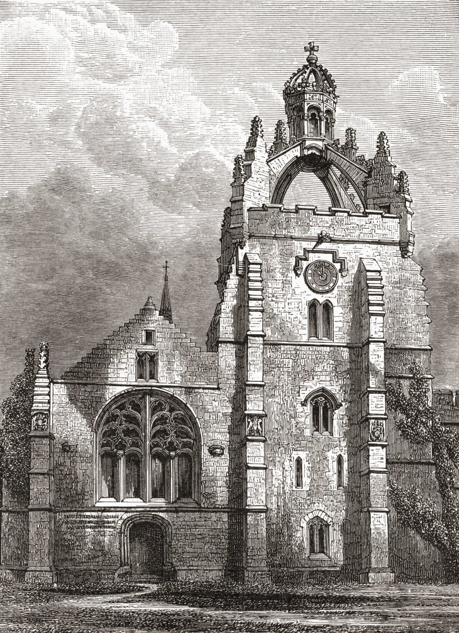 Frente oeste do Kings College, Aberdeen como era no século XIX, mostrando as capelas da torre da coroa, de Uma Breve História do Povo Inglês por JR Green, publicado em 1893 de English School