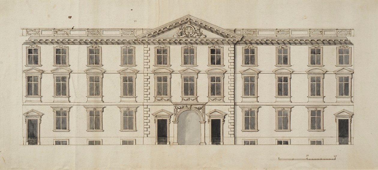 Frente oeste do novo prédio proposto para o Quadrilátero do Jardim, em New College, c.1680 (tinta e tinta cinza sobre papel) de English School
