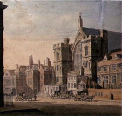 Westminster Hall e New Palace Yard, c.1808 (aguarela sobre papel) de English School