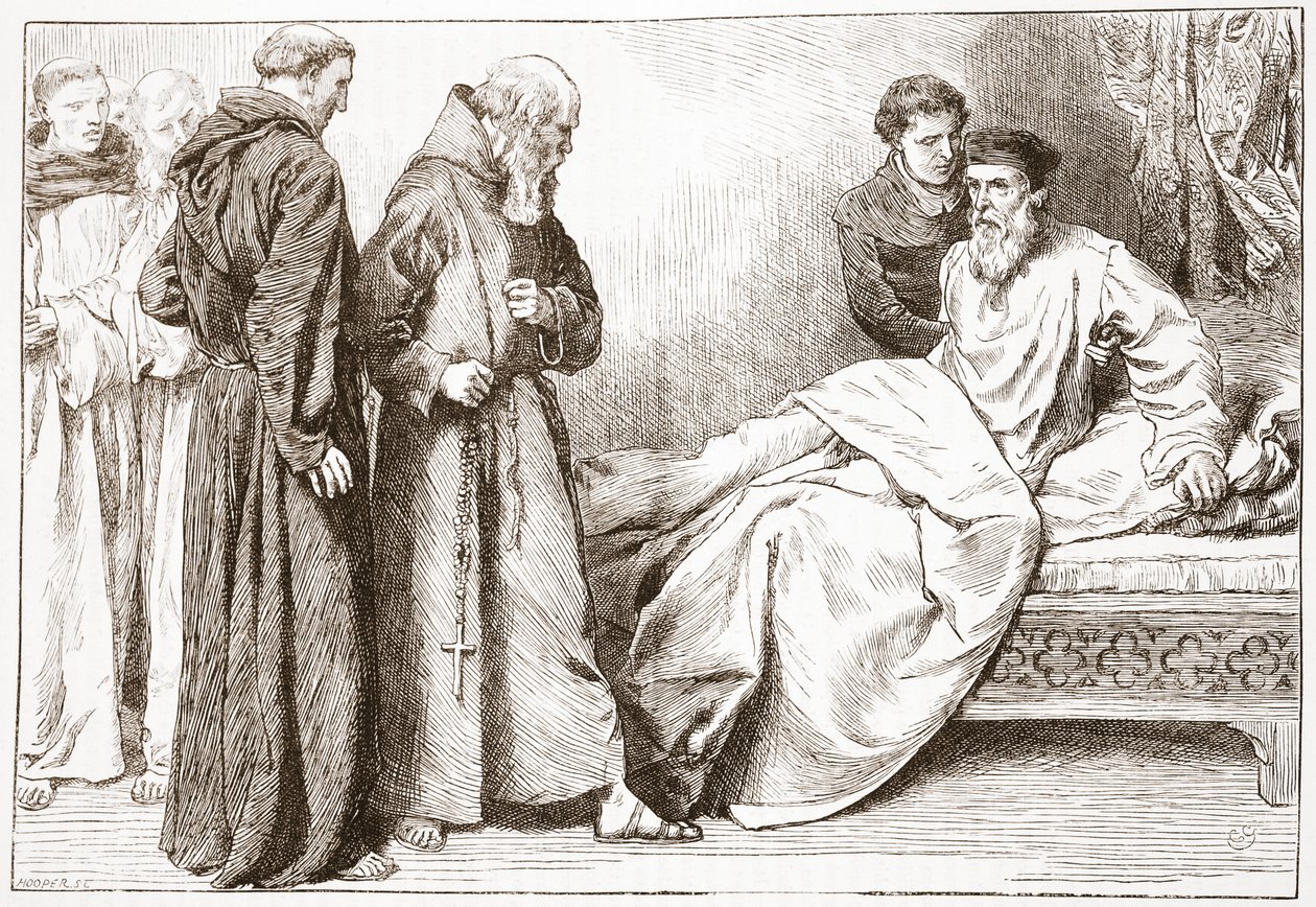 Wicliffe e os monges: cena na cama-câmara, ilustração da história do protestantismo por James Aitken Wylie (1808-1890), bar. 1878 de English School