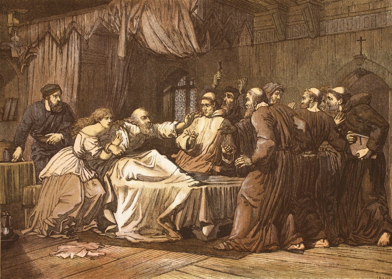 Wicliffe em seu leito de morte assaltado pelos Frades, gravado por T. Bolton de English School