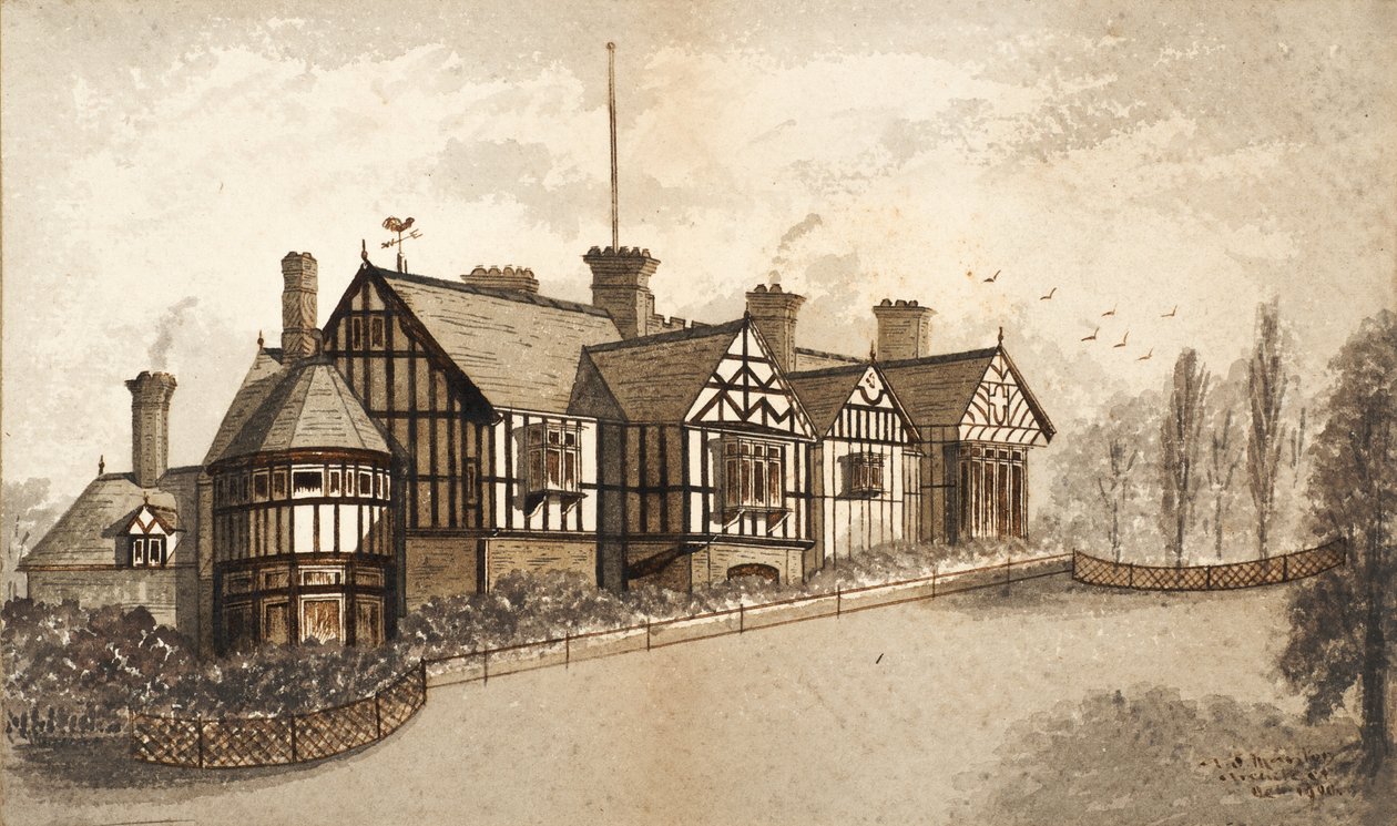 Mansão de Wightwick (tinta no papel) de English School