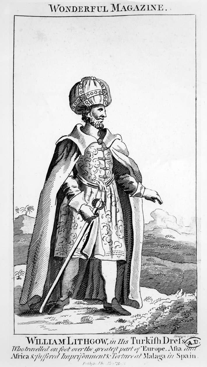 William Lithgow em seu vestido turco, ilustração da revista maravilhosa, c.1750-90 de English School