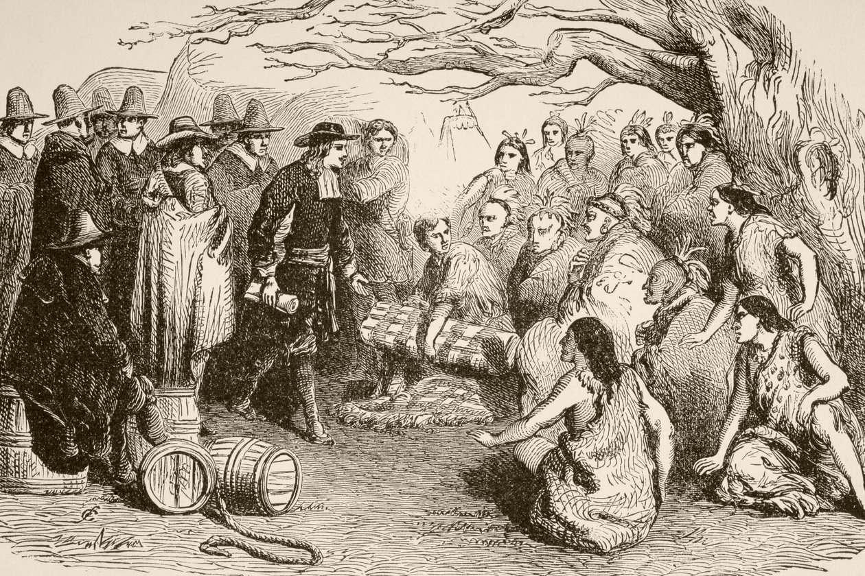 William Penn faz um tratado com os índios Delaware ou Lenape em 1682 (litografia) de English School