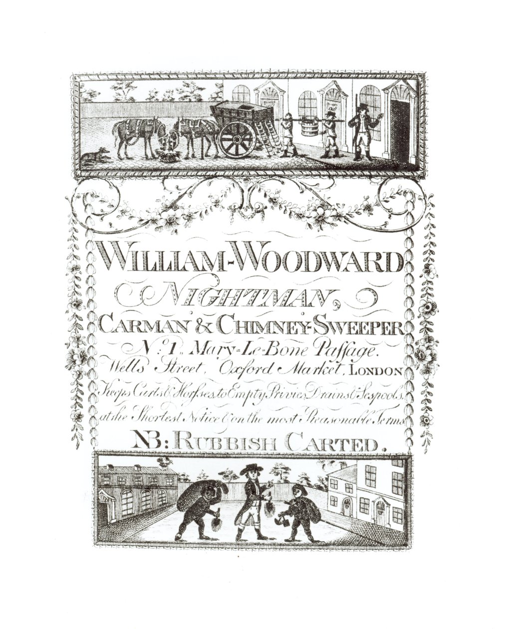 William Woodward, Nightman, Carman e Chimney Sweeper, No. 1 Passagem de Mary-Le-Bone, Wells Street, Oxford Market, Londres de English School