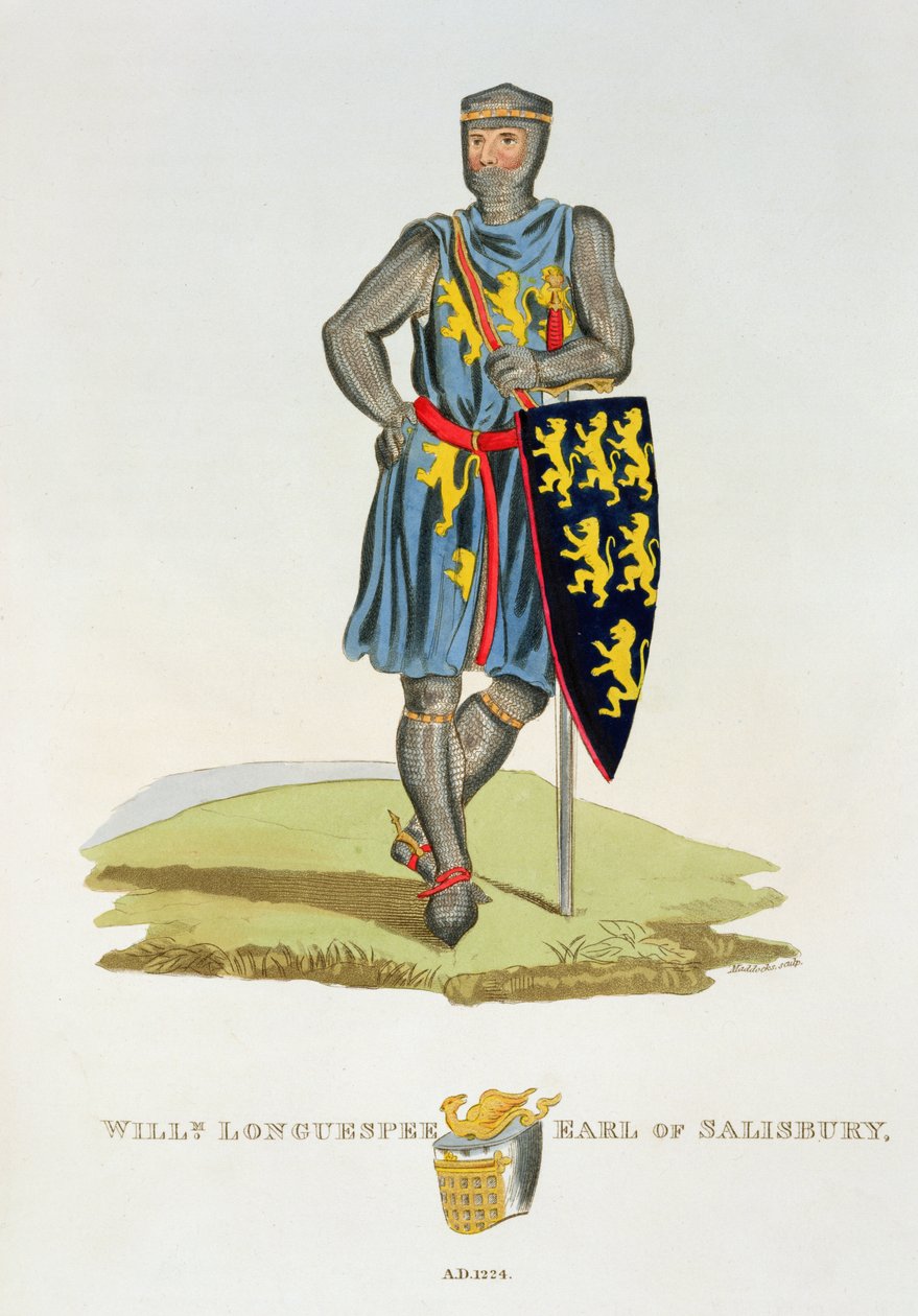 William de Longuespee, 3.º Conde de Salisbury (d.1226) 1224, gravado por W. Maddocks, da Ancient Armor de Samuel Rush Meyrick, 1824 de English School