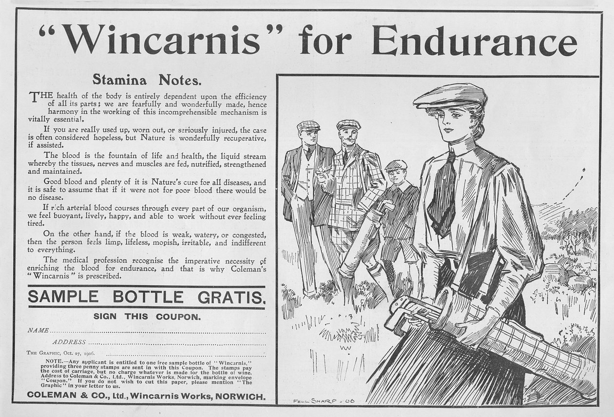 Wincarnis for Endurance, anúncio de The Graphic, 27 de outubro de 1906 de English School